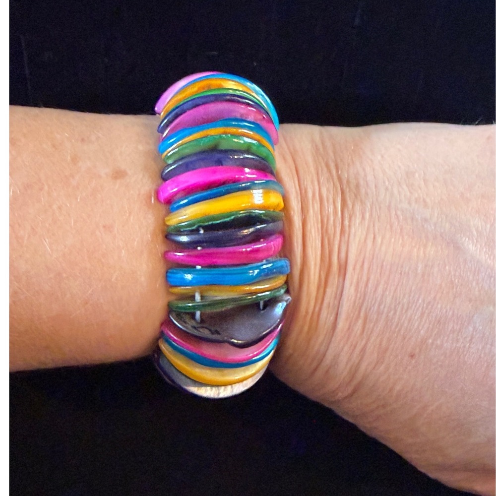 Multi Color Dyed Shell Disc Stretch Bracelet Rainbow Boho Stacked Bead Coastal